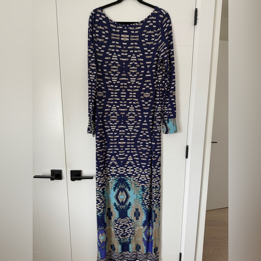 BCBG MAXAZRIA Women's Multicolor Maxi Aztec Print Long Sleeve Dress Size Large